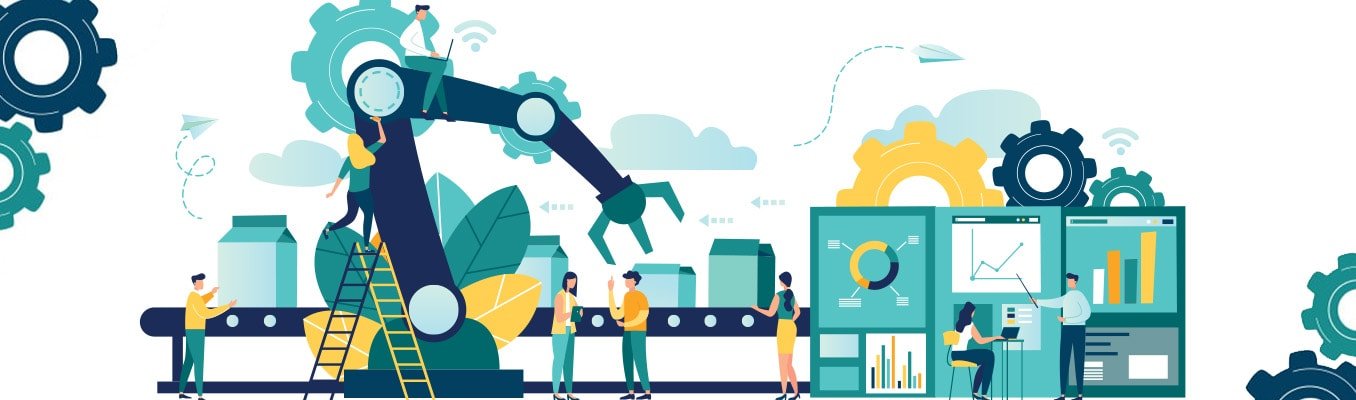 illustration of different equipment with people working